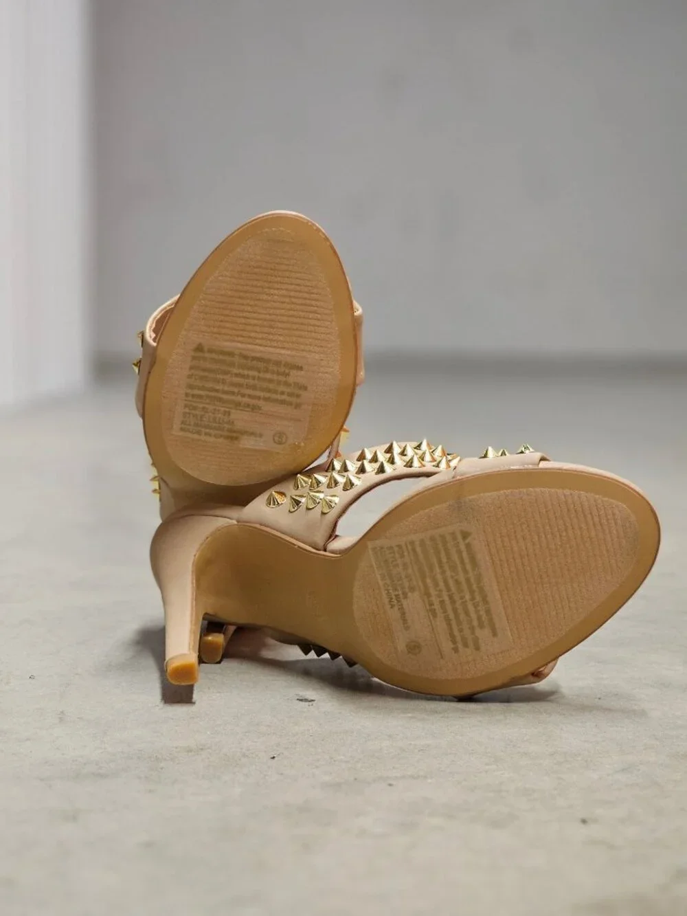 Studded Taupe High-Heel Sandals With Gold Accents & Open Toe Design